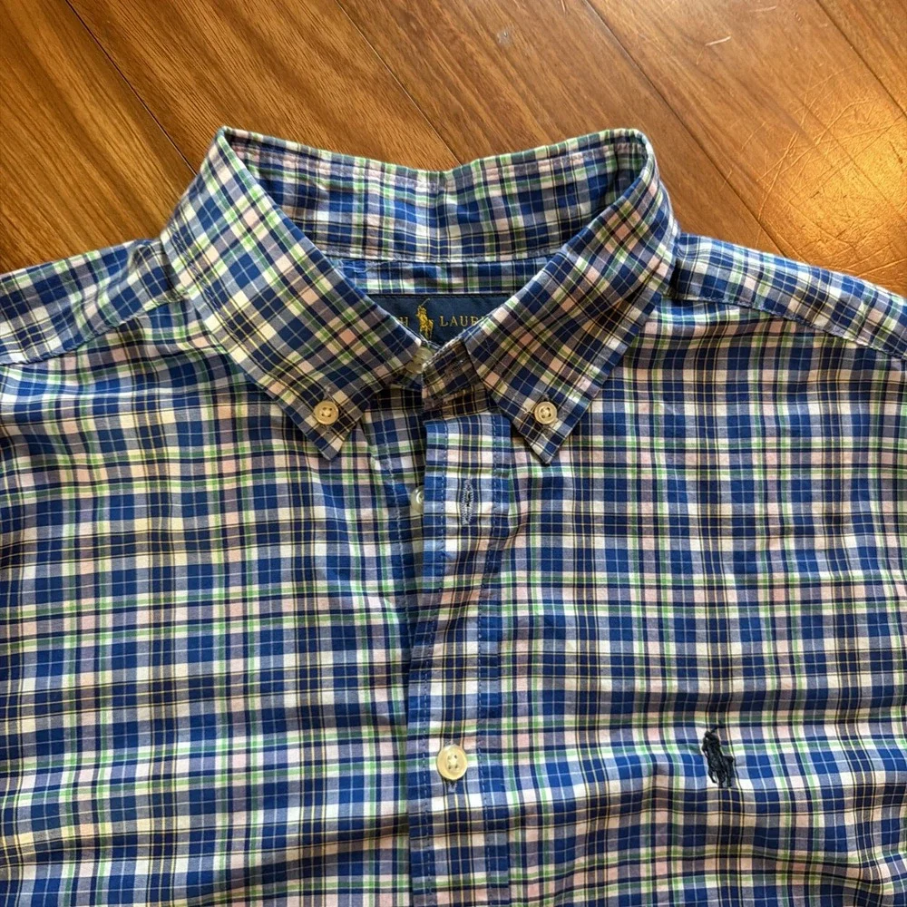 Ralph Lauren Natural Stretch Boys XL 18-20 Blue Green Checked Navy Horse